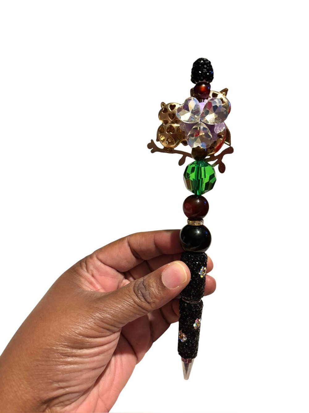 Handcrafted Black Rhinestone Pen With Owls - Picture 3 of 3